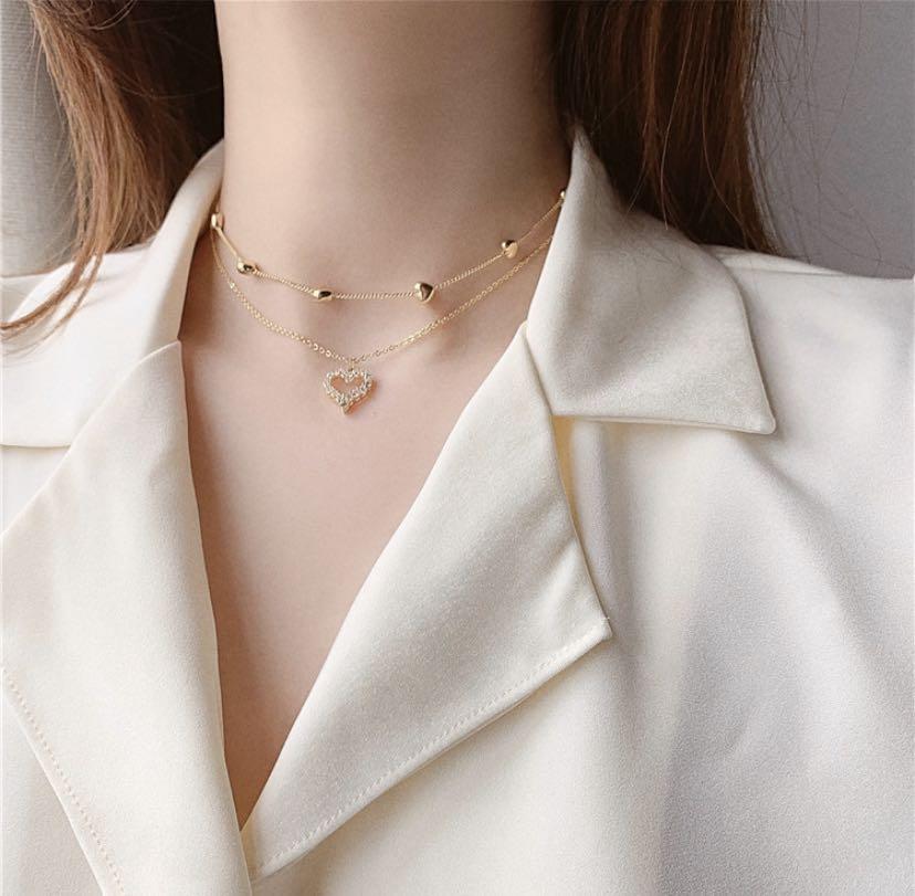 Korean double layer gold chain heart thin necklace Women s