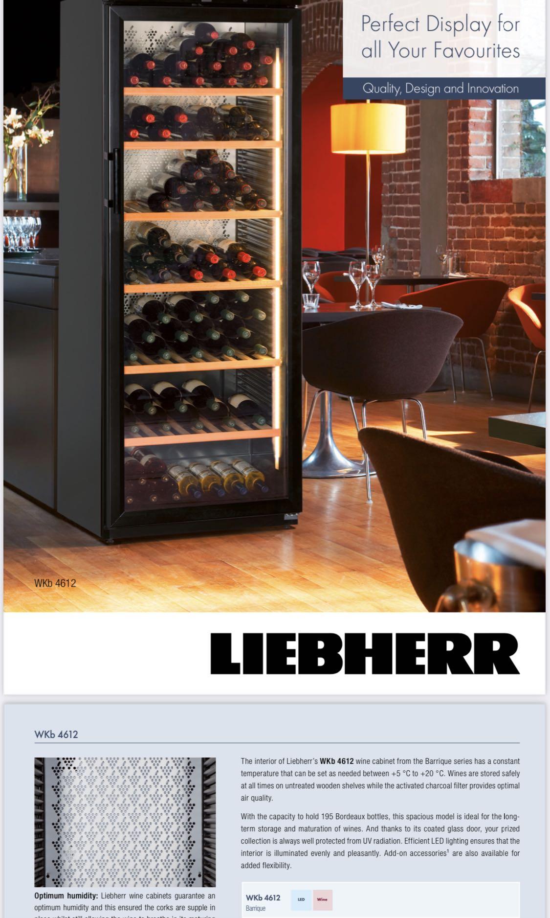 EXSTOCK! Liebherr Glass Door 195 bottles brand new Wine fridge WKb4612 (Regular price 3490