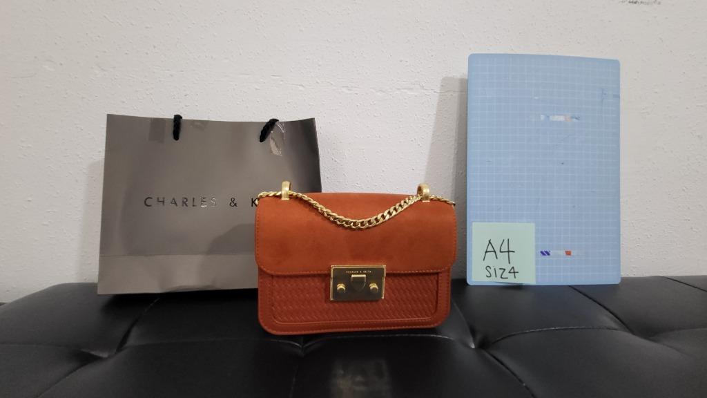 Unused Authentic Charles Keith Woven Boxy Chain Strap Bag Cognac