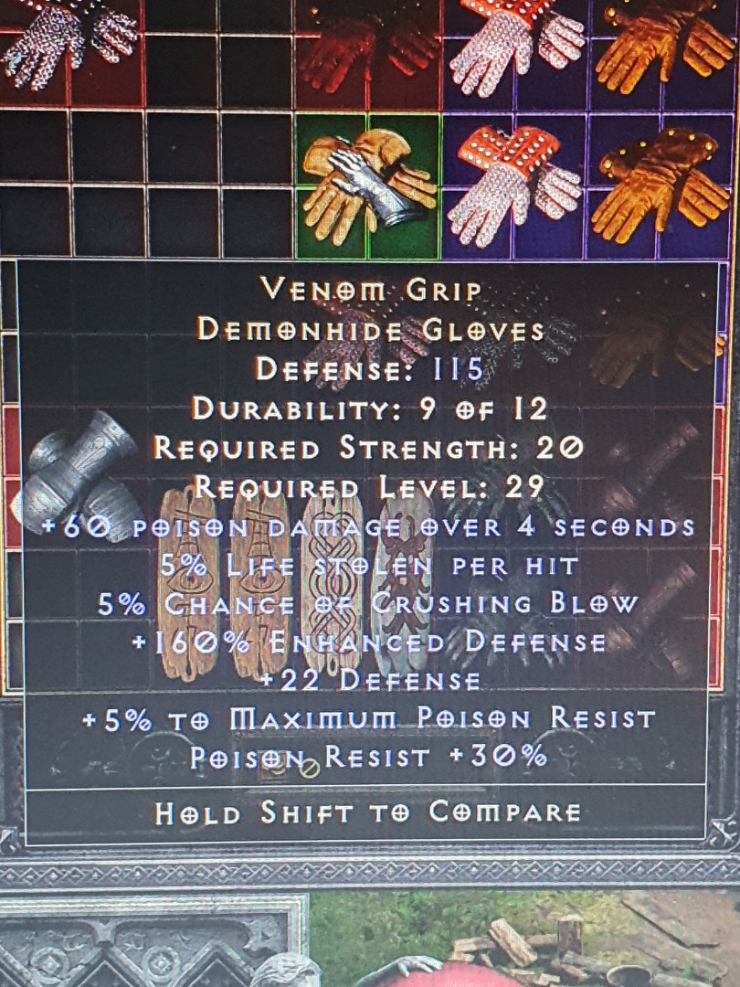 Venom Grip Demonhide Gloves (Perfect Enhanced Defense) D2R Diablo II