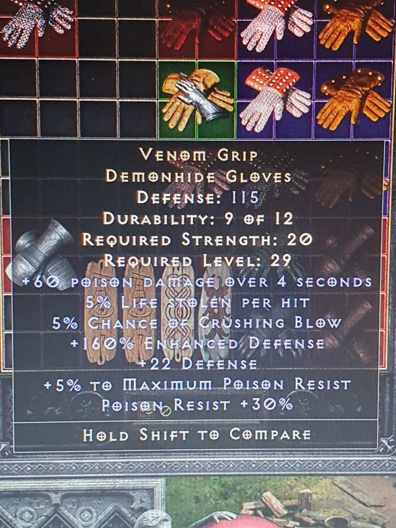 Venom Grip Demonhide Gloves (Perfect Enhanced Defense) D2R Diablo II Resurrected (Softcore) (PC