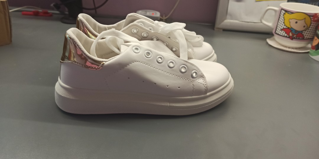 White sneakers with gold best sale