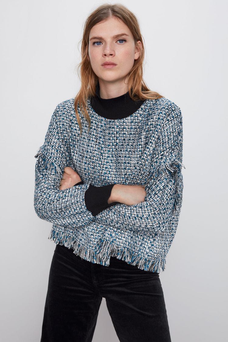 ZARA tweed sweater with knit collar 
