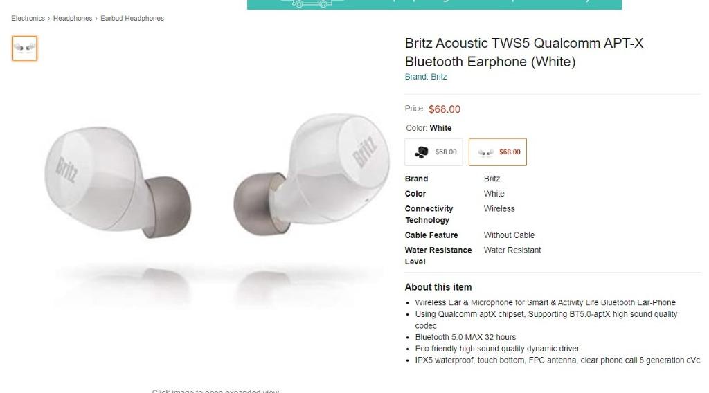 Britz Wireless Bluetooth Earphone White