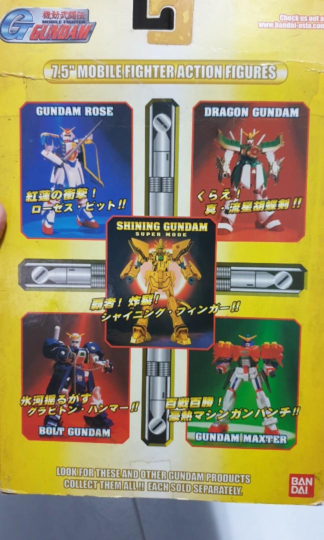 G Gundam 7.5" Mobile Fighter Action Figures Set (Category: Toys & Collectibles) located in Singapore. Submitted by whyhowwhen (Listing ID 1130718280, Image 2). Description: Vintage G Gundam 7.5" Mobile Fighter Set in good condition and no missing parts Comprise: - Gundam Rose - Dragon Gundam - Shining Gundam - Bolt Gundam - Gundam Maxter Put up for fun and for everyone's viewing. Not really to sell unless to serious collector. (Full Set Only).