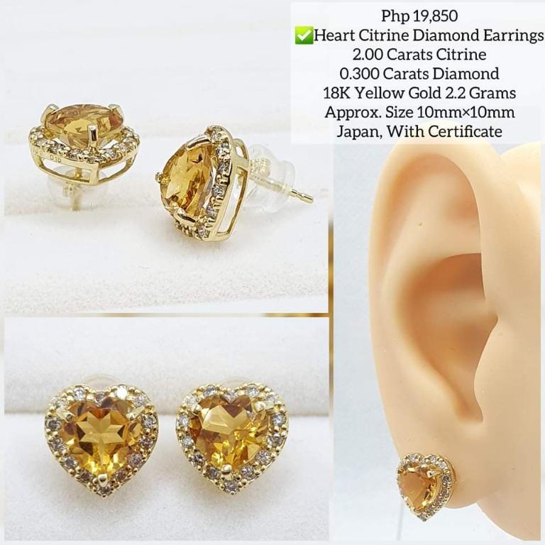 Heart citrine diamond earrings 2 carat .300 carats diamond 18k yg