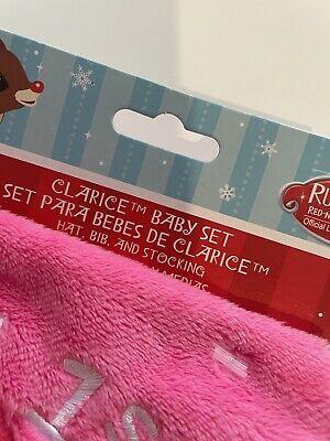 Rudolph Clarice Baby's First Christmas Pink Hat Bib Stocking Set Brand New 