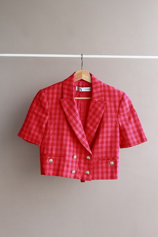 Zara Pink Plaid Cropped Jacket, Women's Fashion, Coats, Jackets