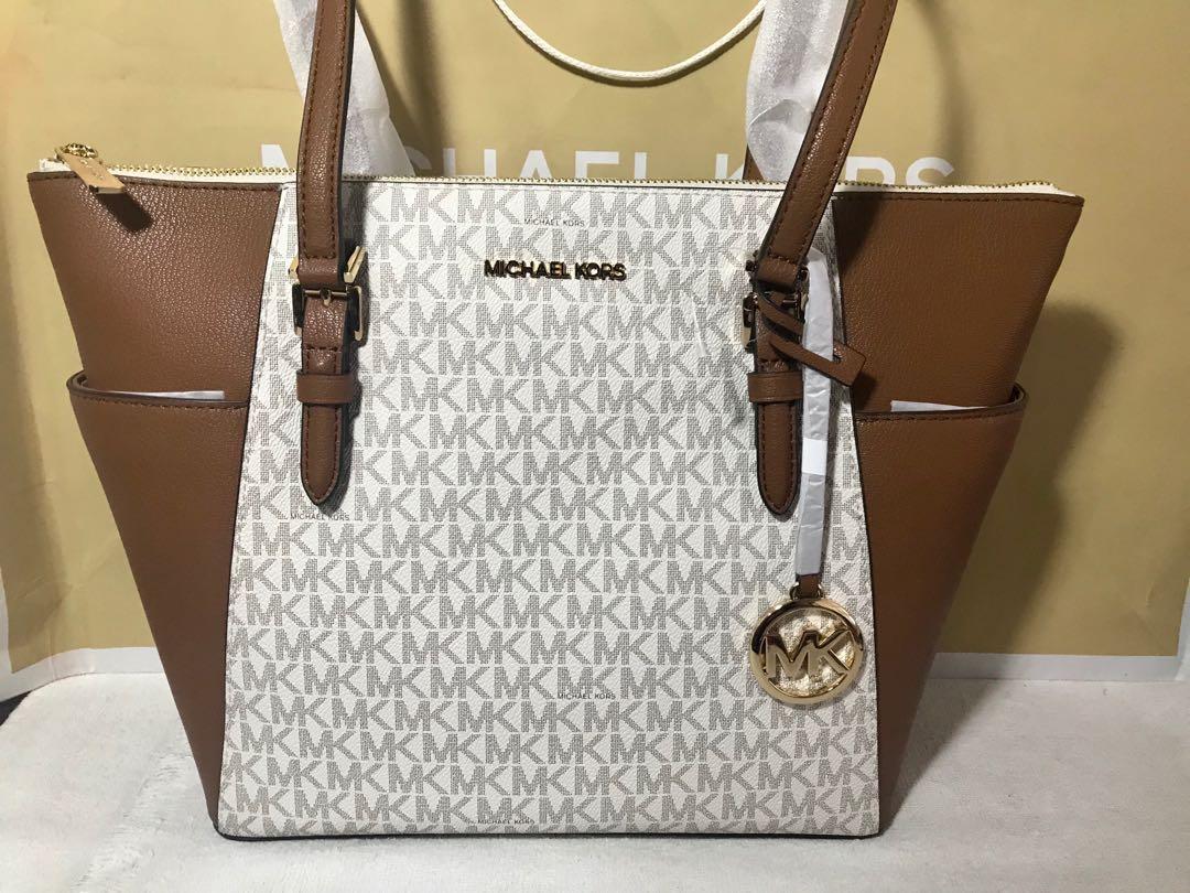 Michael Kors, Bags, Charlotte Large Saffiano Leather Topzip Tote Bag In  Vanilla Color