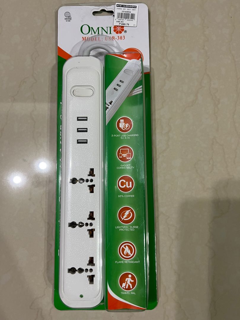 Omni extension cord with usb outlet, Furniture & Home Living, Home