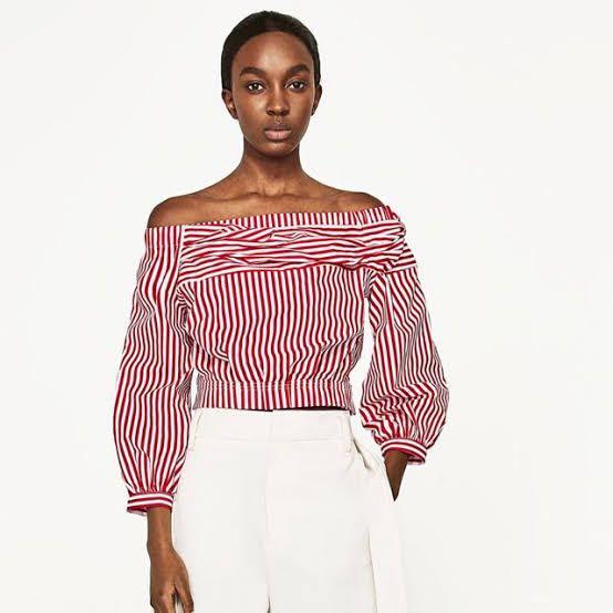 Zara Red Striped Off Shoulder Tops 
