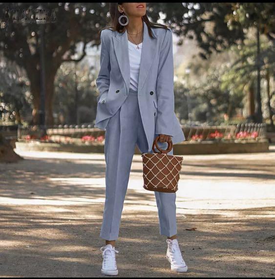 1 Set (2 pcs) Zanzea Women Formal Suits Plain Elastic Loose Blazer Top  Casual Zipper Pants Long Sleeve Cardigan, Women's Fashion, Coats, Jackets  and Outerwear on Carousell