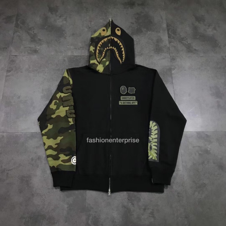 BAPE x Undefeated Woodland Camo Shark Hoodie Men s Fashion Tops