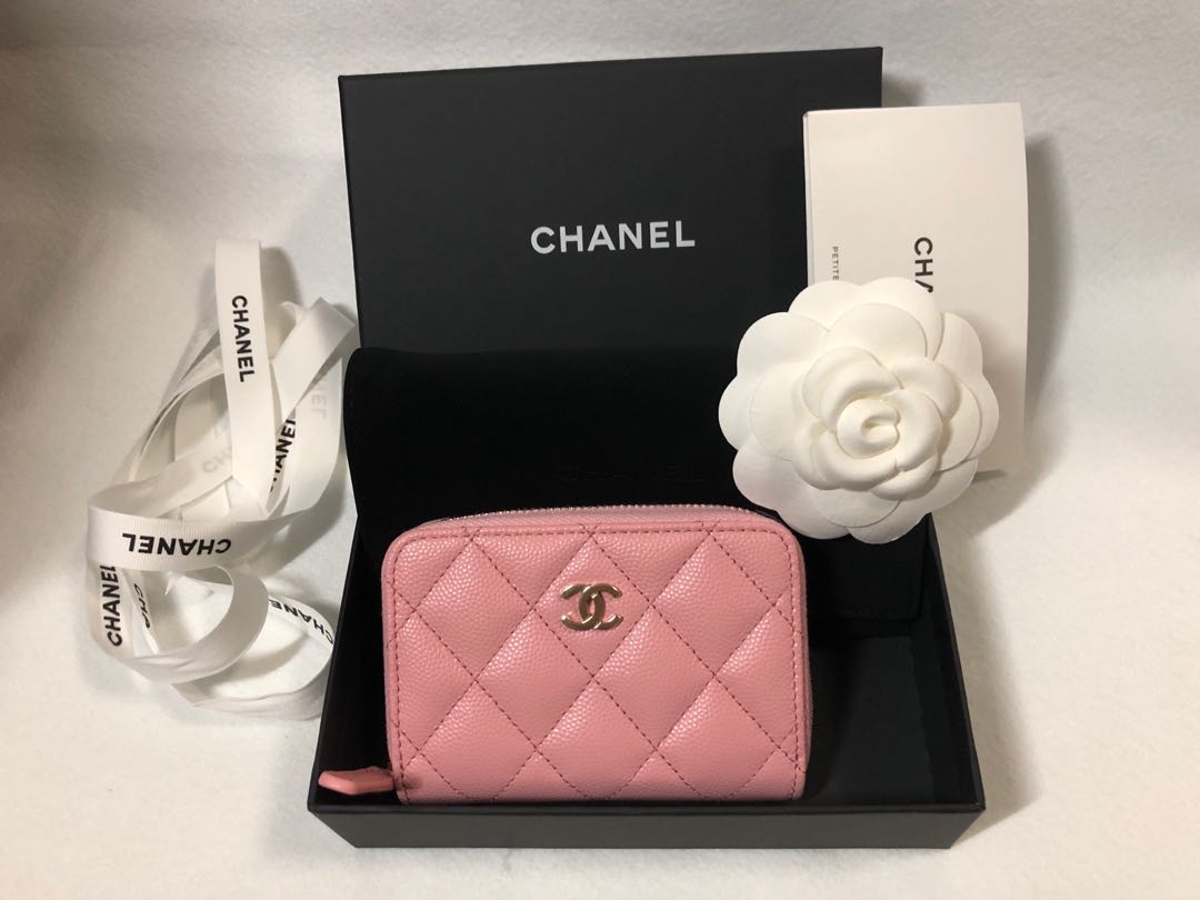 Chanel Small Zip Around Coin Purse Card Holder In Pink Iridescent Caviar  With Pearly CC Plaque SOLD