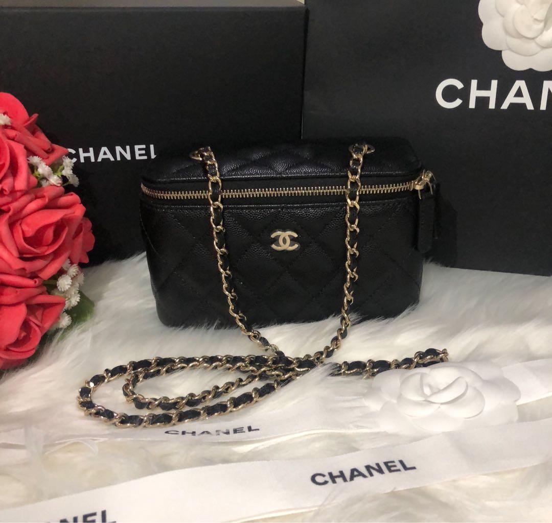 For Sale! Chanel 22C Black and Beige Caviar Rectangle Vanity Cases with  Champagne Gold Hardware 