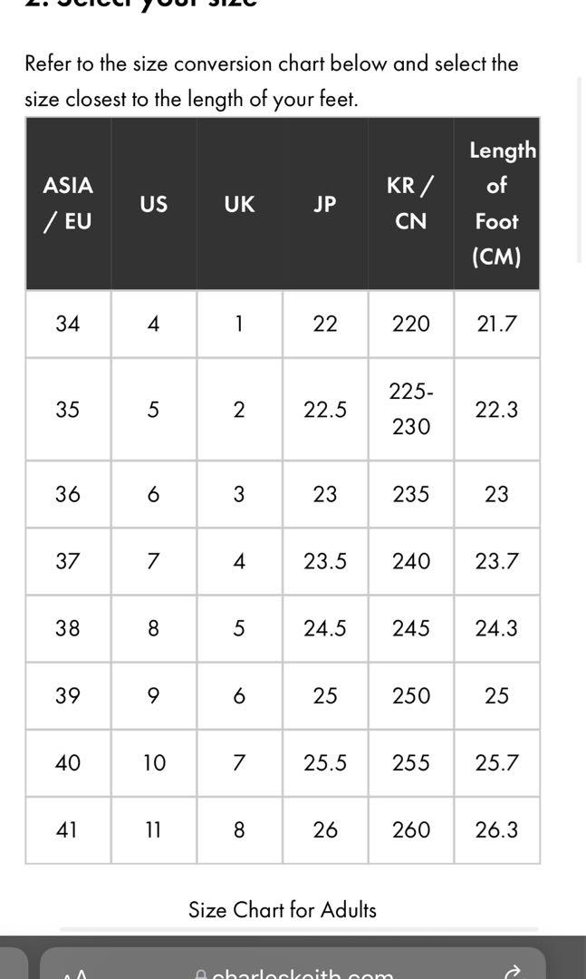 Size chart charles and keith top shoes