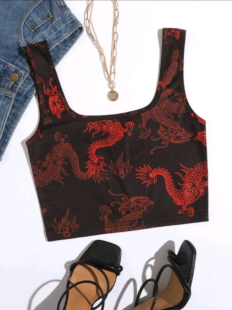 chinese dragon print crop tank top, Women's Fashion, Tops, Sleeveless ...