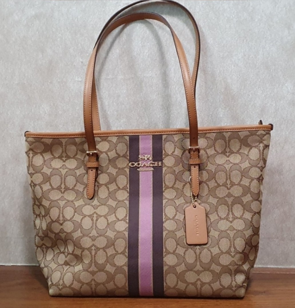 COACH Zip Top Tote in Signature Jacquard with Stripe in Khaki Multi (