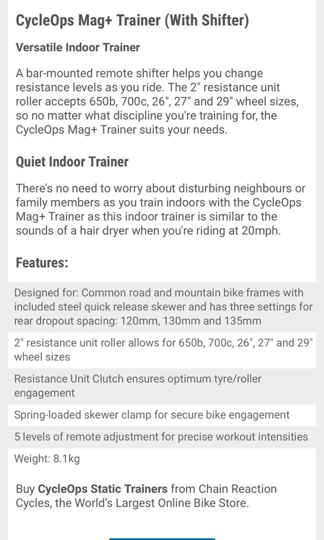 CycleOps Mag+ Trainer with Shifter, Sports Equipment, Bicycles & Parts ...