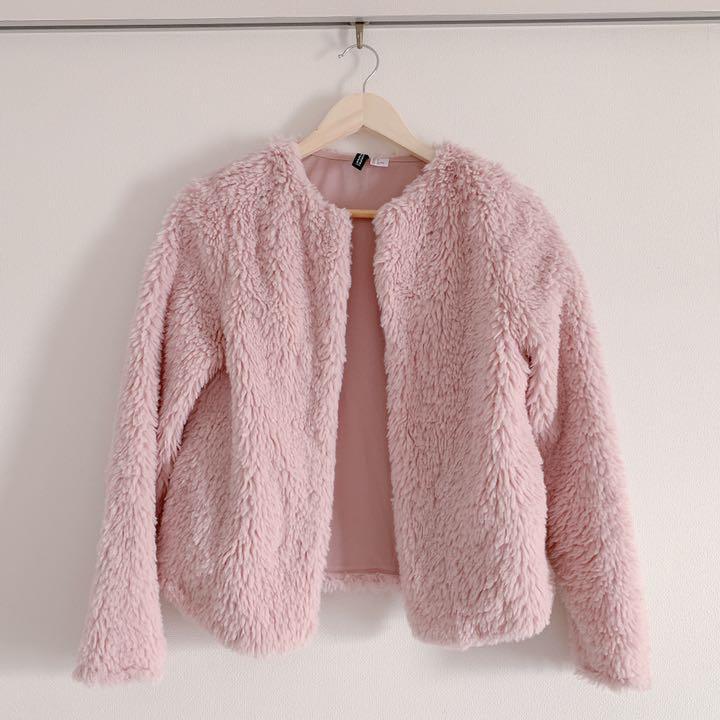 H M pink fluffy faux fur coat Women s Fashion Coats Jackets and