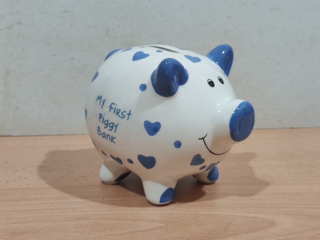 My First Piggy Bank Blue Hearts Coin Bank Box, Furniture & Home Living,  Home Decor, Clocks On Carousell