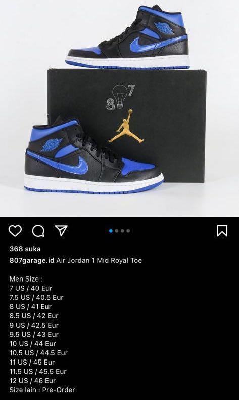 Nike Air jordan 1 mid royal blue, Fesyen Pria, Sepatu , Sneakers di  Carousell