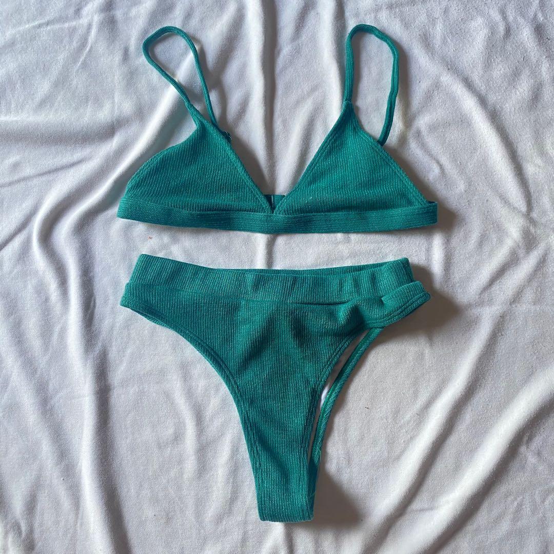 Shein Green Ribbed Bikini, Women's Fashion, Swimwear, Bikinis