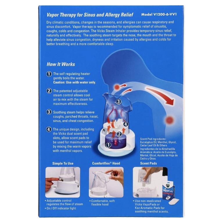 Vicks Personal Steam Inhaler, V1200 (Category: Medical Supplies & Tools) located in Quezon City. Submitted by bluebellaonlineshop (Listing ID 1131171079, Image 3). Description: Use the Vicks V1200-6 Personal Steam Inhaler for cold, flu, bronchitis, sinusitis, laryngitis, and allergy sufferers, this personal steam inhaler restores sufficient moisture to the lungs. The patented plastic hood on the Vicks V1200-6 Personal Steam Inhaler is contoured t