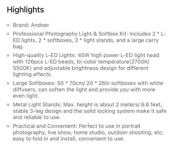 Andoer Studio Photography Softbox LED Light Kit Including 20*28 Inches  Softboxes 45W Bi-color Temperature 2700K/5500K Dimmable LED Lights 2 Meters  Light Stands Carry Bag, 3 Packs