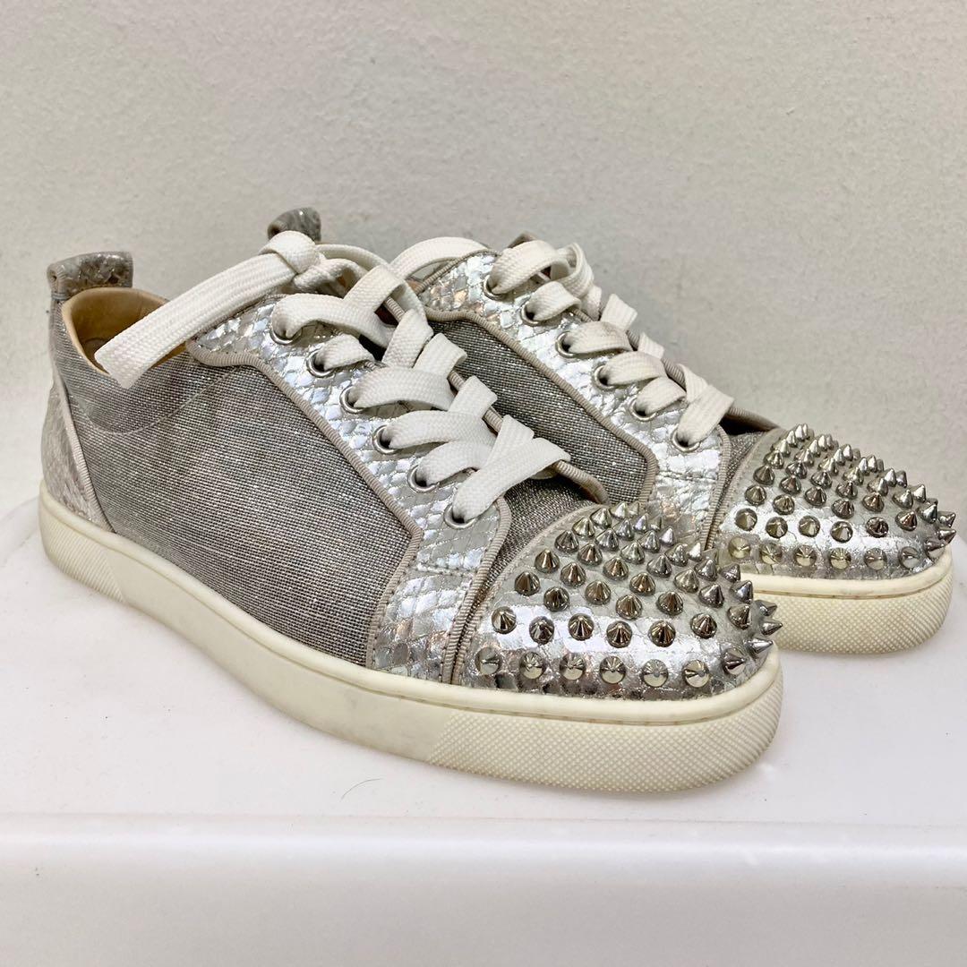 Christian Louboutin Men's Louis Junior Spiked Glitter Sneakers, Silver/Silver, Men's, 16D, Sneakers & Trainers Sneakers