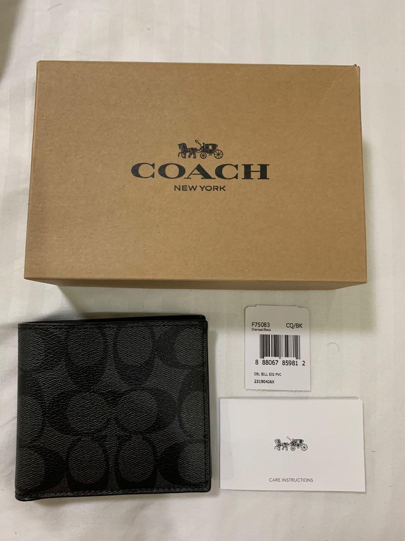 Coach Mens F75083 Double Billfold Signature Wallet Charcoal Black