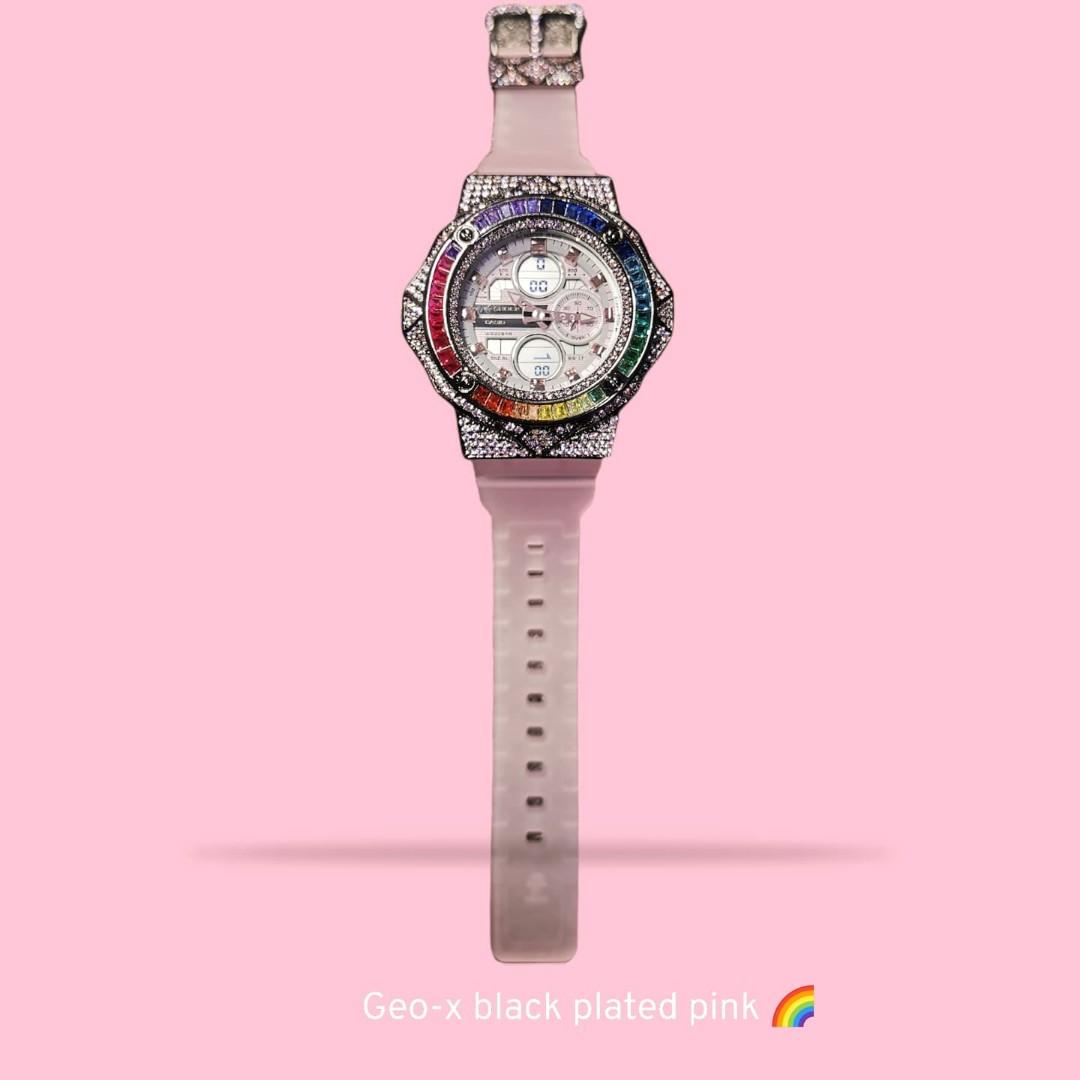 Geo X New Gshocl Mini Pink Series Custom On Black Plated Rainbow Pink Diamond Women S Fashion Watches Accessories Watches On Carousell