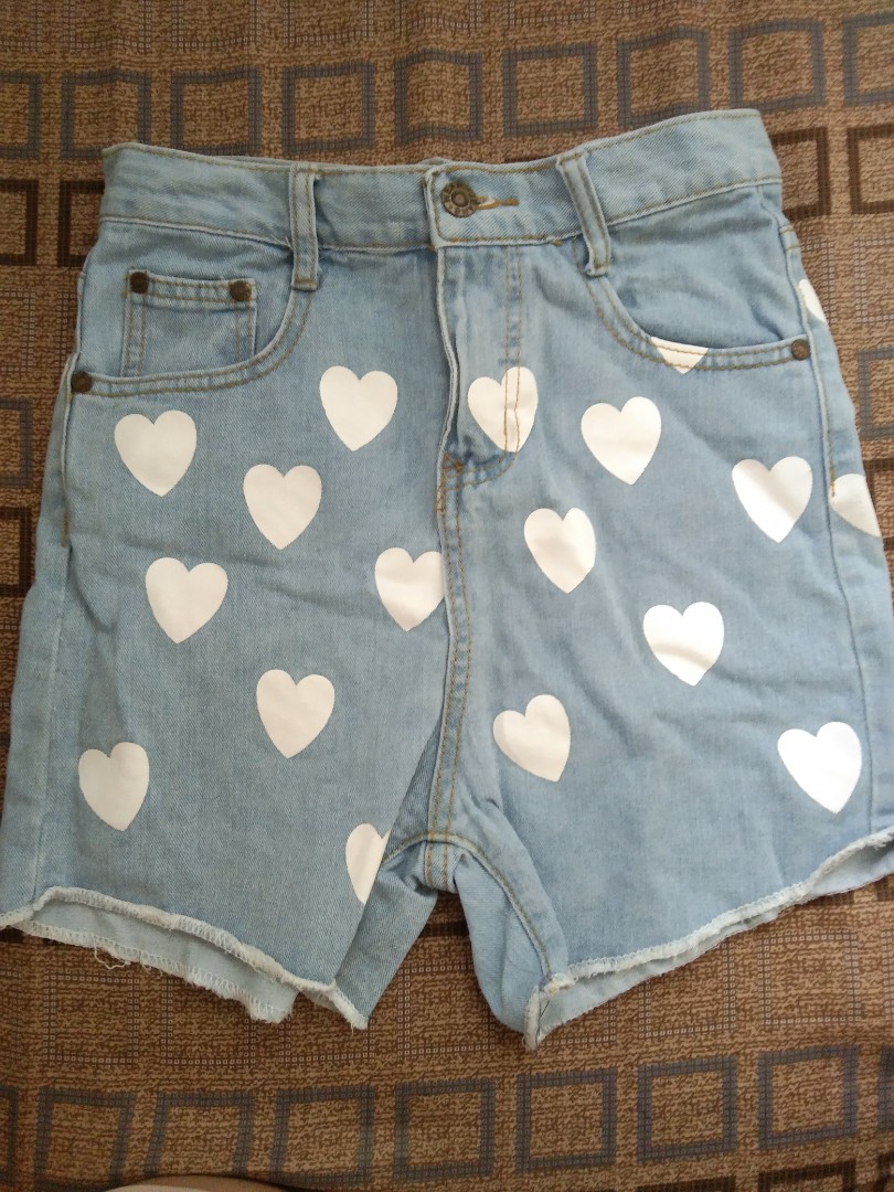 Heart Printed Denim Shorts, Women's 