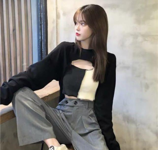 Long sleeve crop sweater very cropped sweater korean style crop sweatshirt