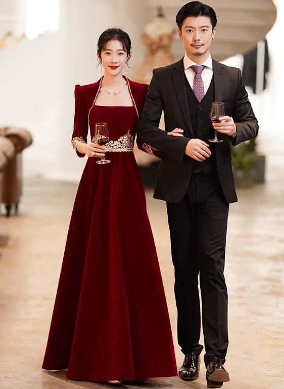 Pre order red cheongsam long sleeve velvet wedding prom evening dress gown RBP1687