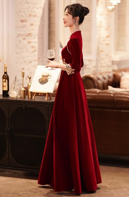 Pre order red cheongsam long sleeve velvet wedding prom evening dress gown RBP1687