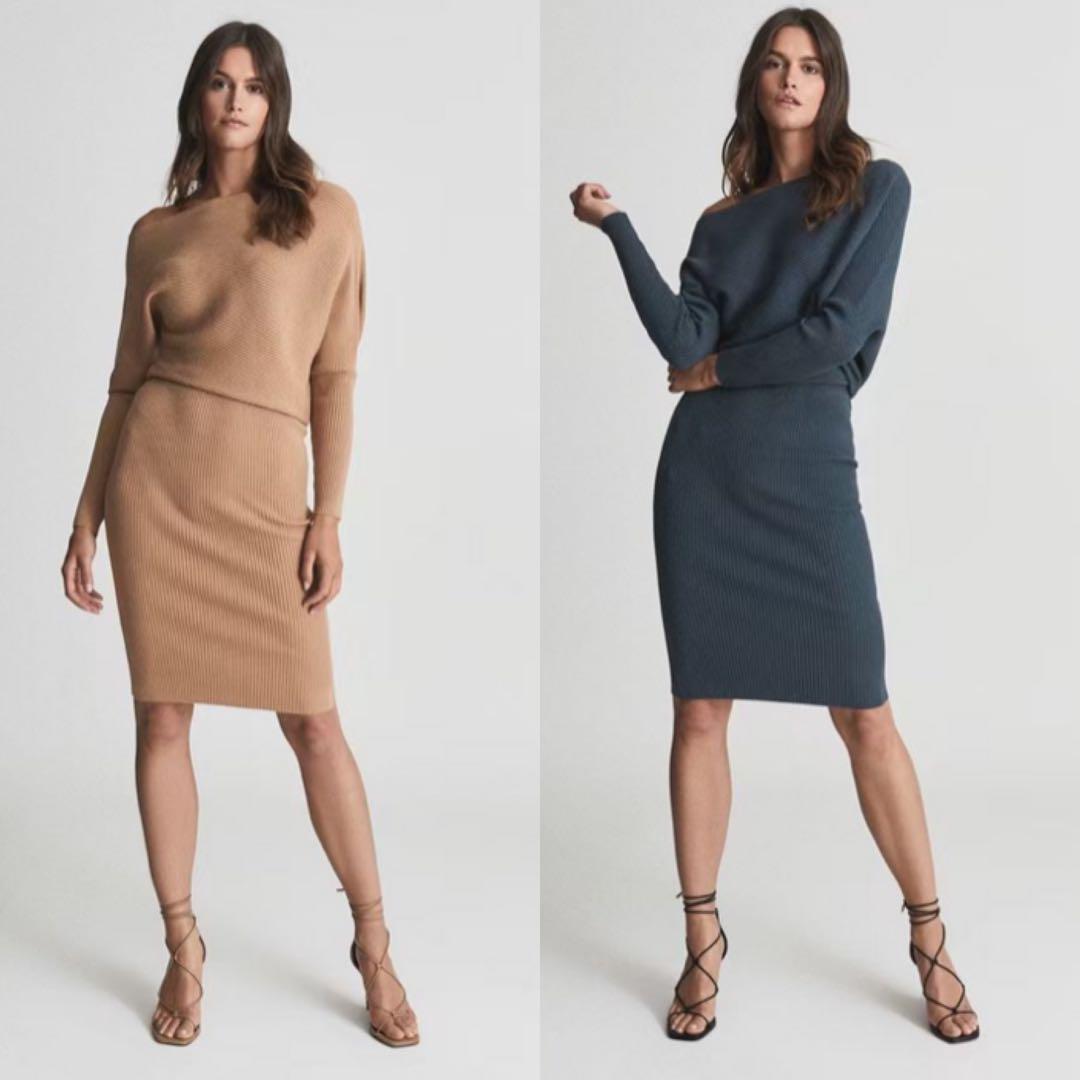 REISS Lara off the shoulder drape knit midi dress authentic camel