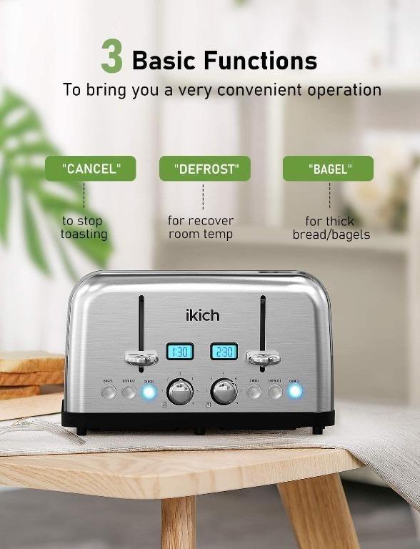4 Slice Toaster, IKICH Toaster Stainless Steel, Digital Countdown Toasters(6 Bread Settings