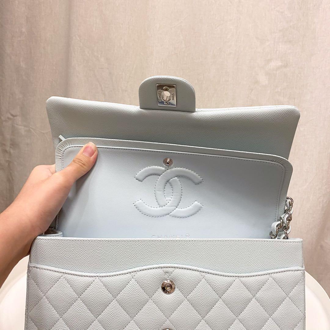 Authentic Chanel 21K Baby Blue Medium Classic Flap bag in Caviar and Silver  Hardware, Luxury, Bags & Wallets on Carousell