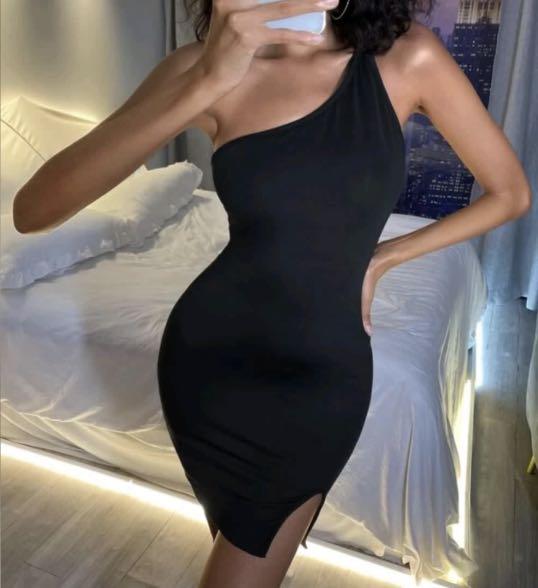 Black one shoulder dress with slit (Category: Dresses) located in Quezon City. Submitted by preloved_chae (Listing ID 1131574350, Image 3). Description: Shein size m to l stretchable.