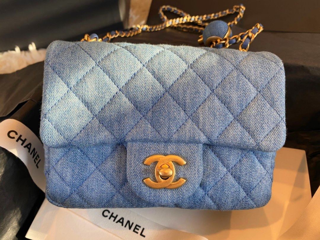 BRAND NEW Chanel 22c Denim Pearl Crush Mini Square, Luxury, Bags & Wallets  on Carousell