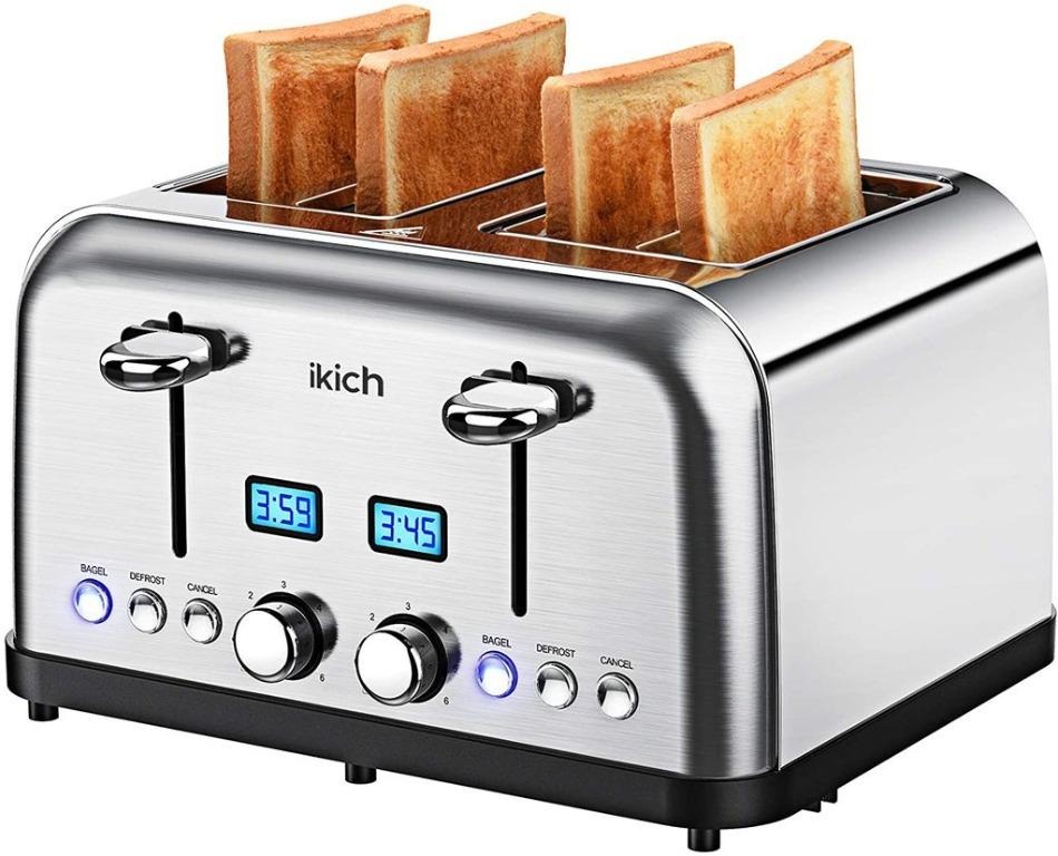 Bagel Toaster Upgraded LCD Timer Display 8 Bread Shade Settings, Bagel/Defrost/Reheat/Cancel Function, Extra Wide Slots, Removable Crumb Tray, 900W, Silver iKich 2 Slice Toaster Stainless Steel 