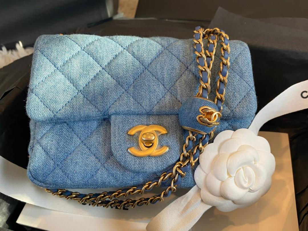BRAND NEW Chanel 22c Denim Pearl Crush Mini Square, Luxury, Bags & Wallets  on Carousell