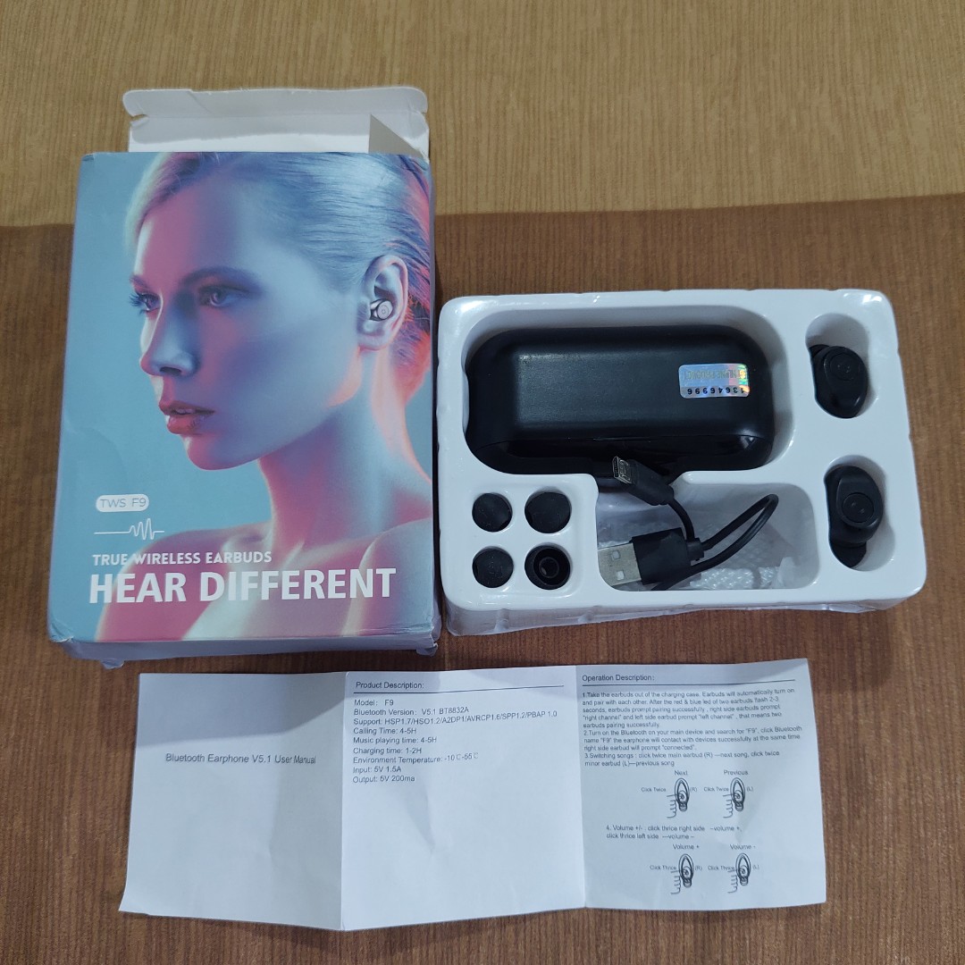Earphone Zebra TWS F9, Telepon Seluler 