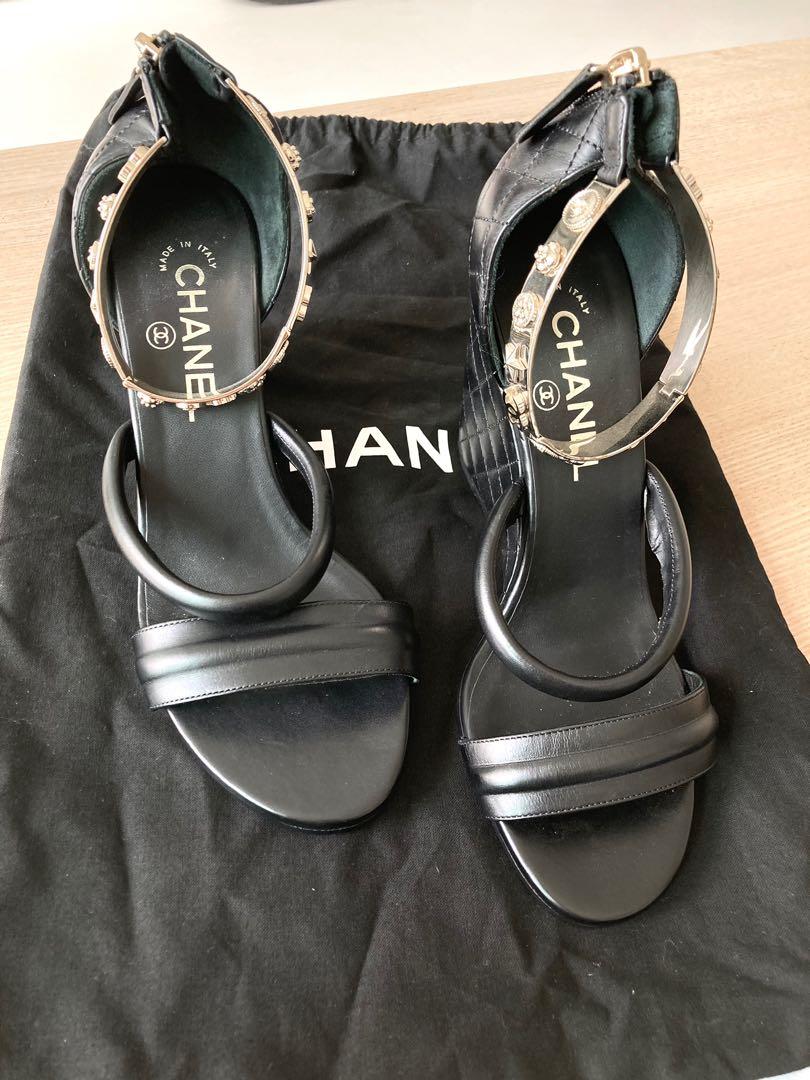 NEWChanel black wedge sandals 38, Luxury, Sneakers & Footwear on Carousell