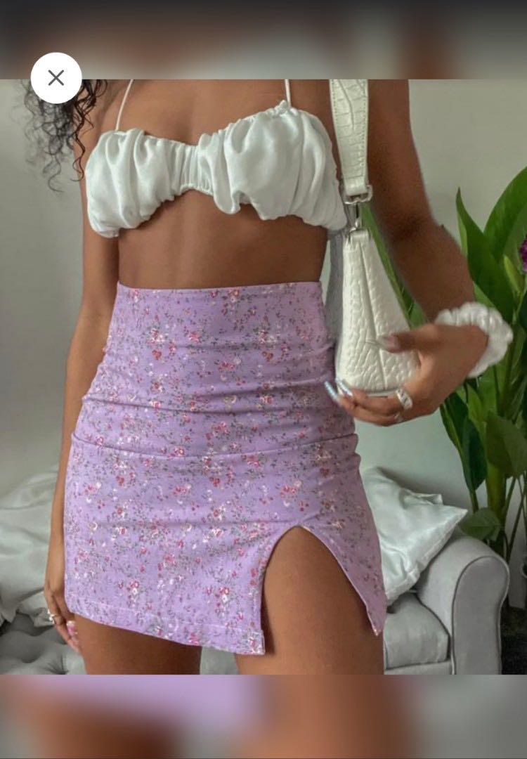 shein ditsy floral lilac purple mini slit skirt Women s Fashion Bottoms Skirts on Carousell