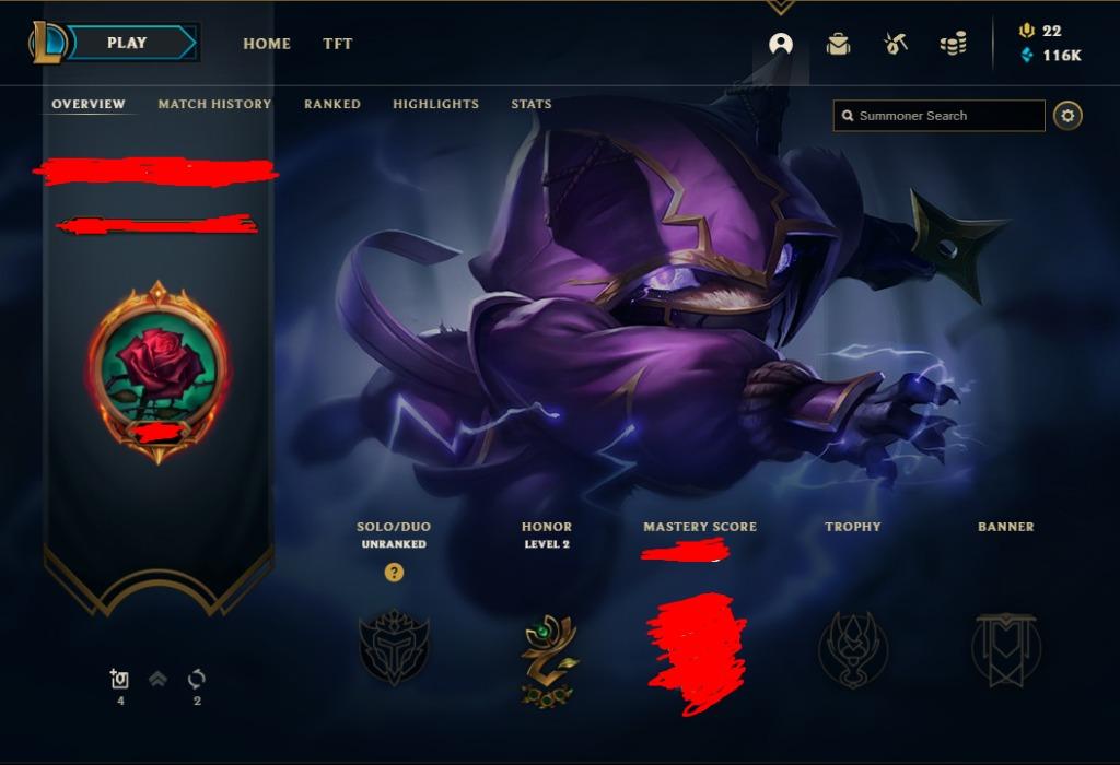 116000 Blue Essence League of Legends Account Garena Unranked [SG/MY/ID