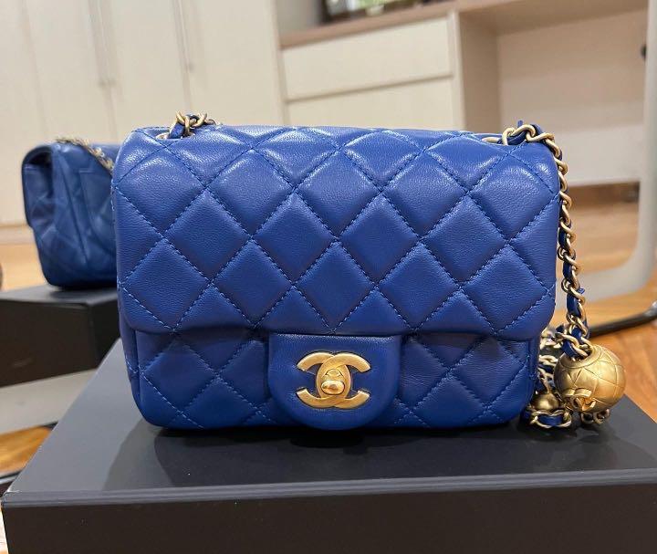 Chanel Mini Rectangular Pearl Crush Quilted Blue Lambskin Aged Gold Ha   Coco Approved Studio