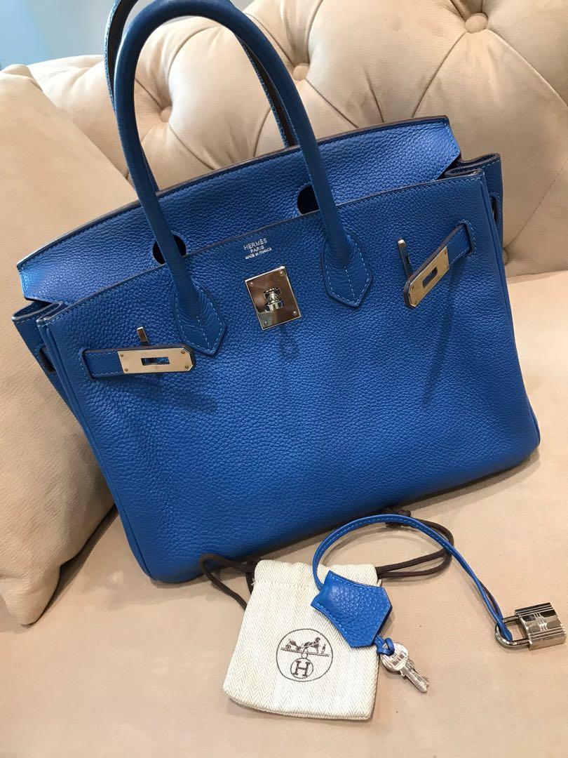 Hermes PHW Shoulder Birkin Shoulder Bag Clemence Leather Bleu Lin Blue