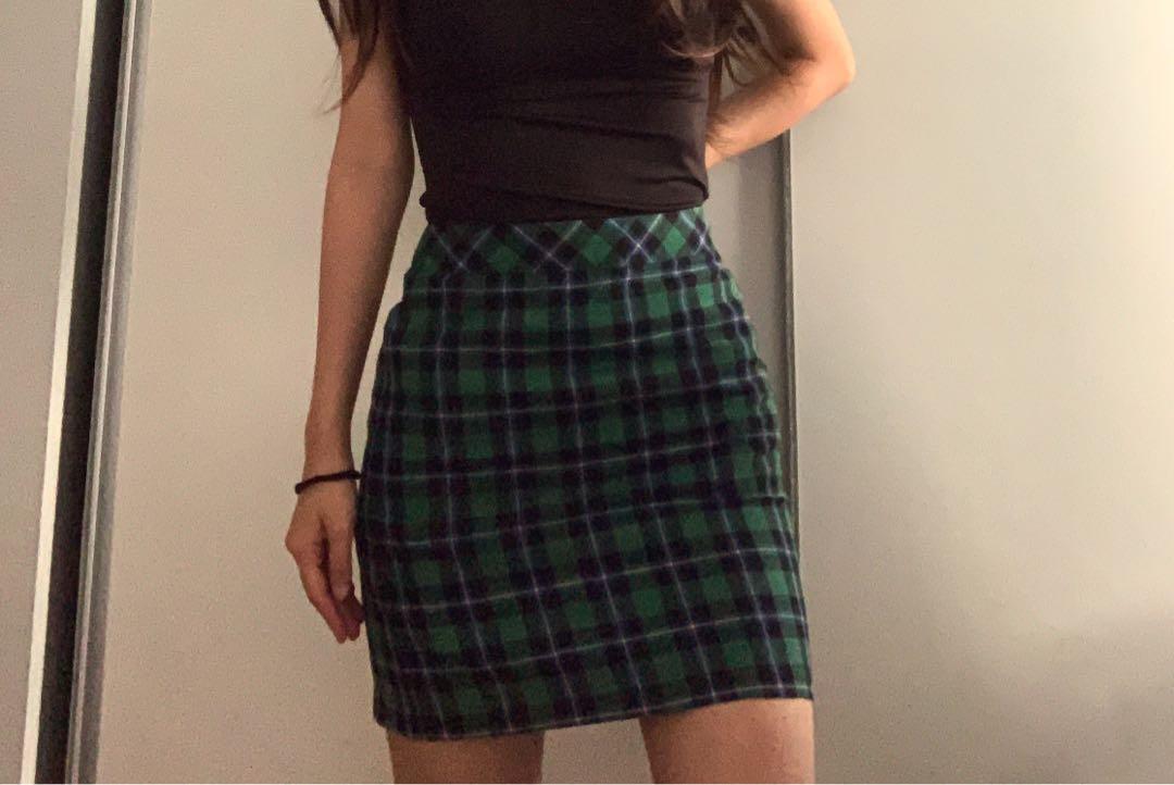 High waisted green plaid skirt store